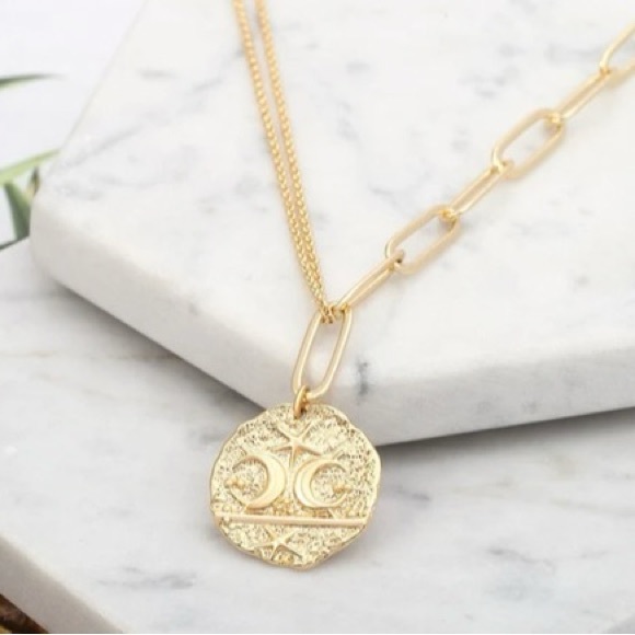 Dainty Moon Star Necklace, Gold Medallion Coin, Gold Oval/Rolo Chain Necklace - Picture 2 of 10
